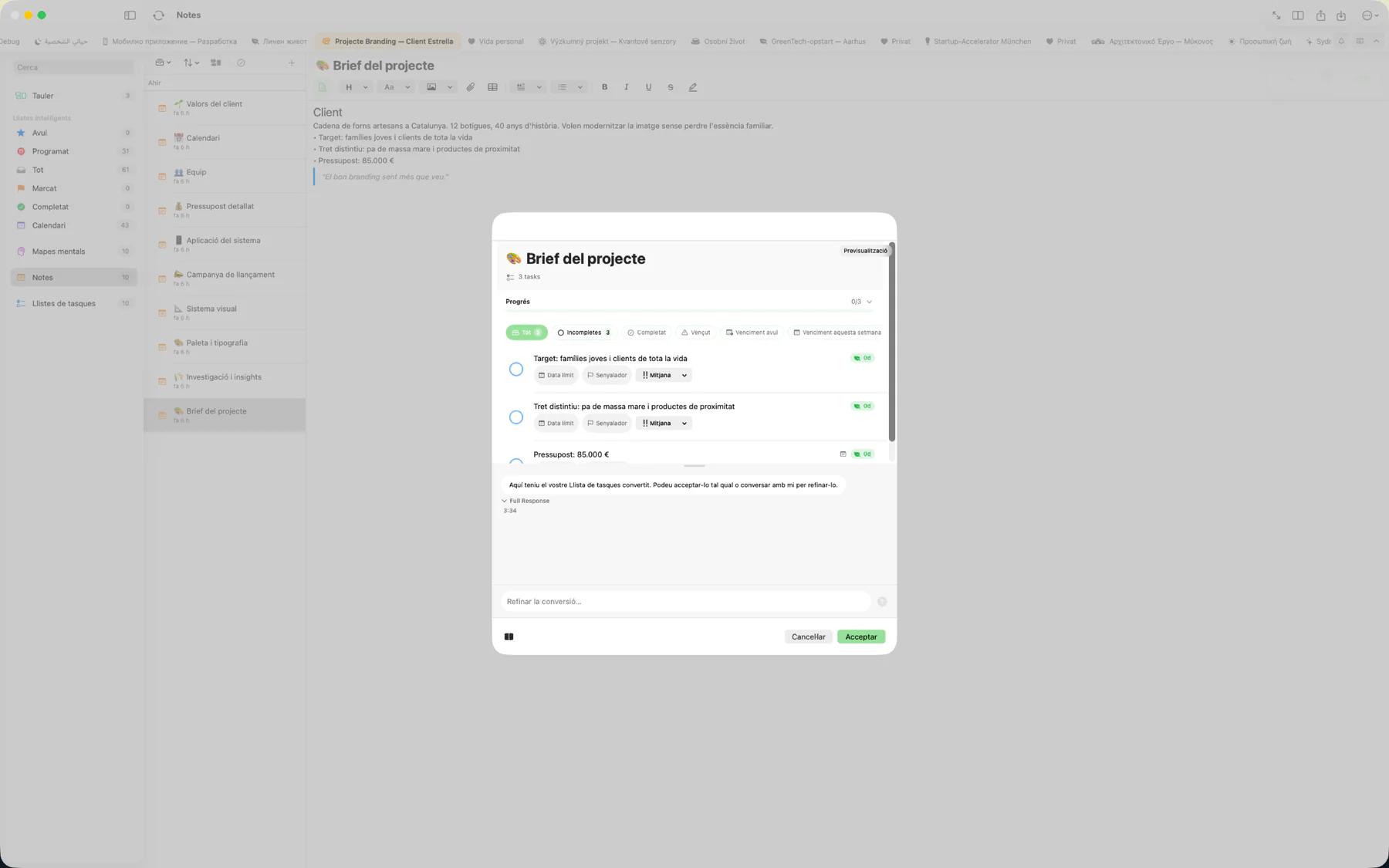 Mintofu convertint una nota en una llista de tasques estructurada