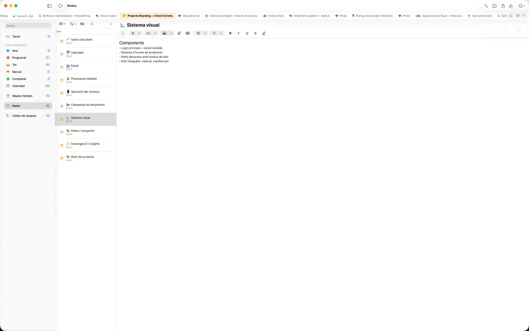 Editor de notes Mintofu mostrant format de text enriquit amb encapçalaments, negreta i ressaltats de color