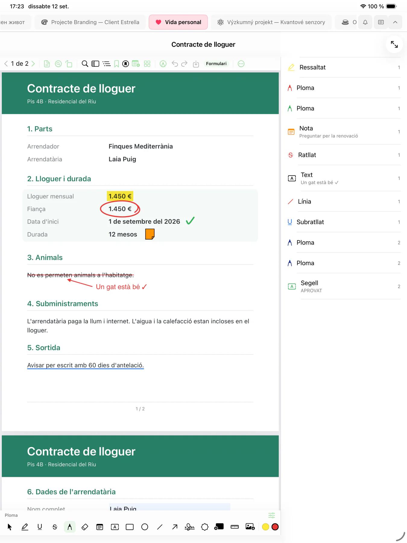 Mintofu a l'iPad mostrant el PDF d'un contracte de lloguer anotat amb un ressaltat, un import encerclat, un ratllat amb una nota a mà i una nota adhesiva, amb la llista d'anotacions al costat