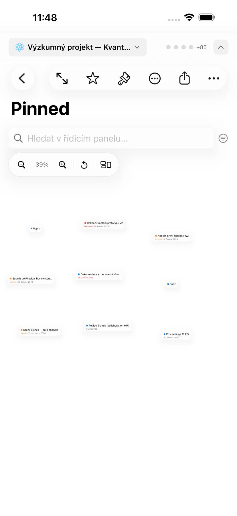 Post Board Mintofu s připnutými a uspořádanými úkoly na volném plátně