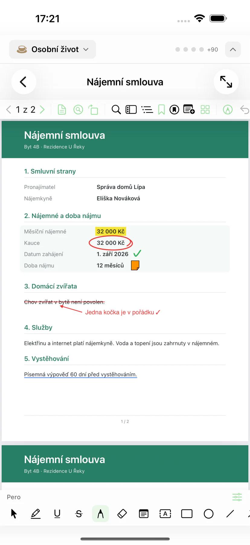 Mintofu na iPhonu s anotovaným PDF a panelem anotačních nástrojů