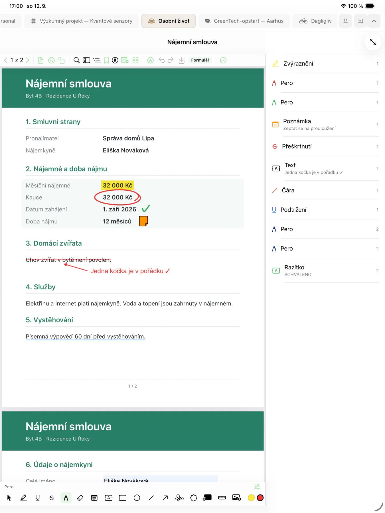Mintofu na iPadu s PDF nájemní smlouvy se zvýrazněním, zakroužkovanou částkou, přeškrtnutím s poznámkou perem a lepicí poznámkou, vedle seznam anotací