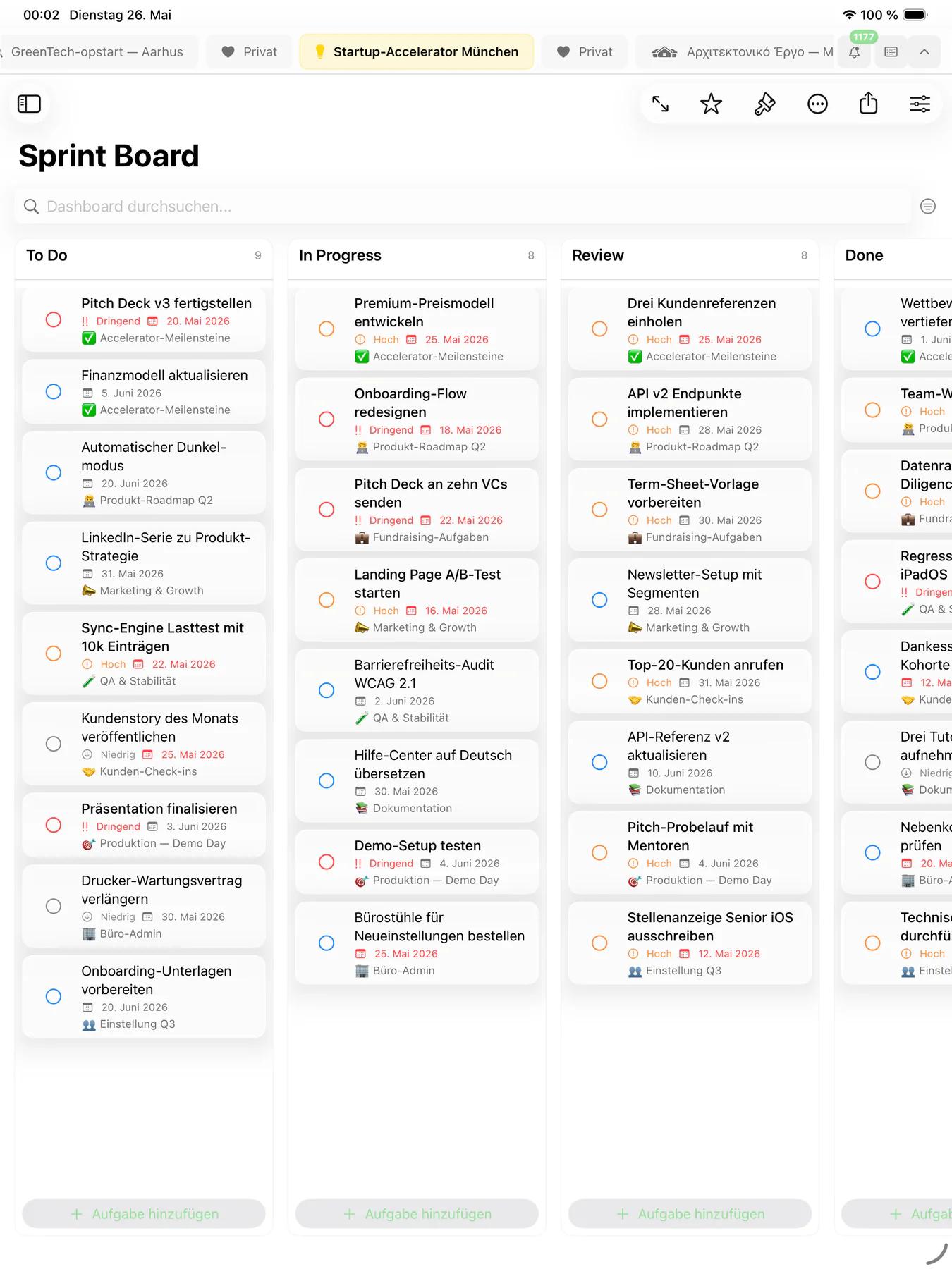 Mintofu-Kanban-Board mit Aufgabenkarten, organisiert in Workflow-Spalten