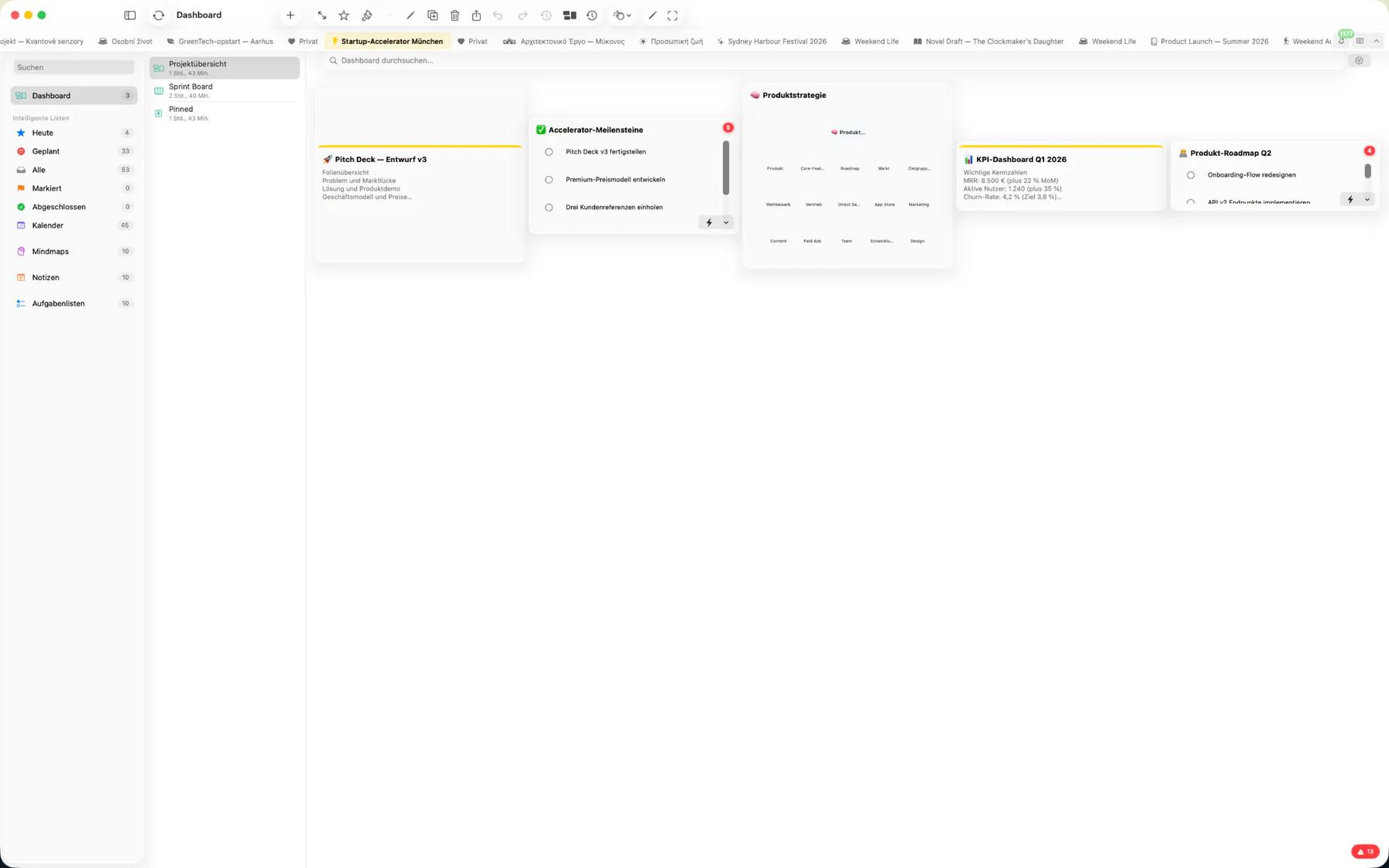 Mintofu-Dashboard-Übersicht mit skalierbaren Notiz-, Aufgaben- und Kalender-Widgets