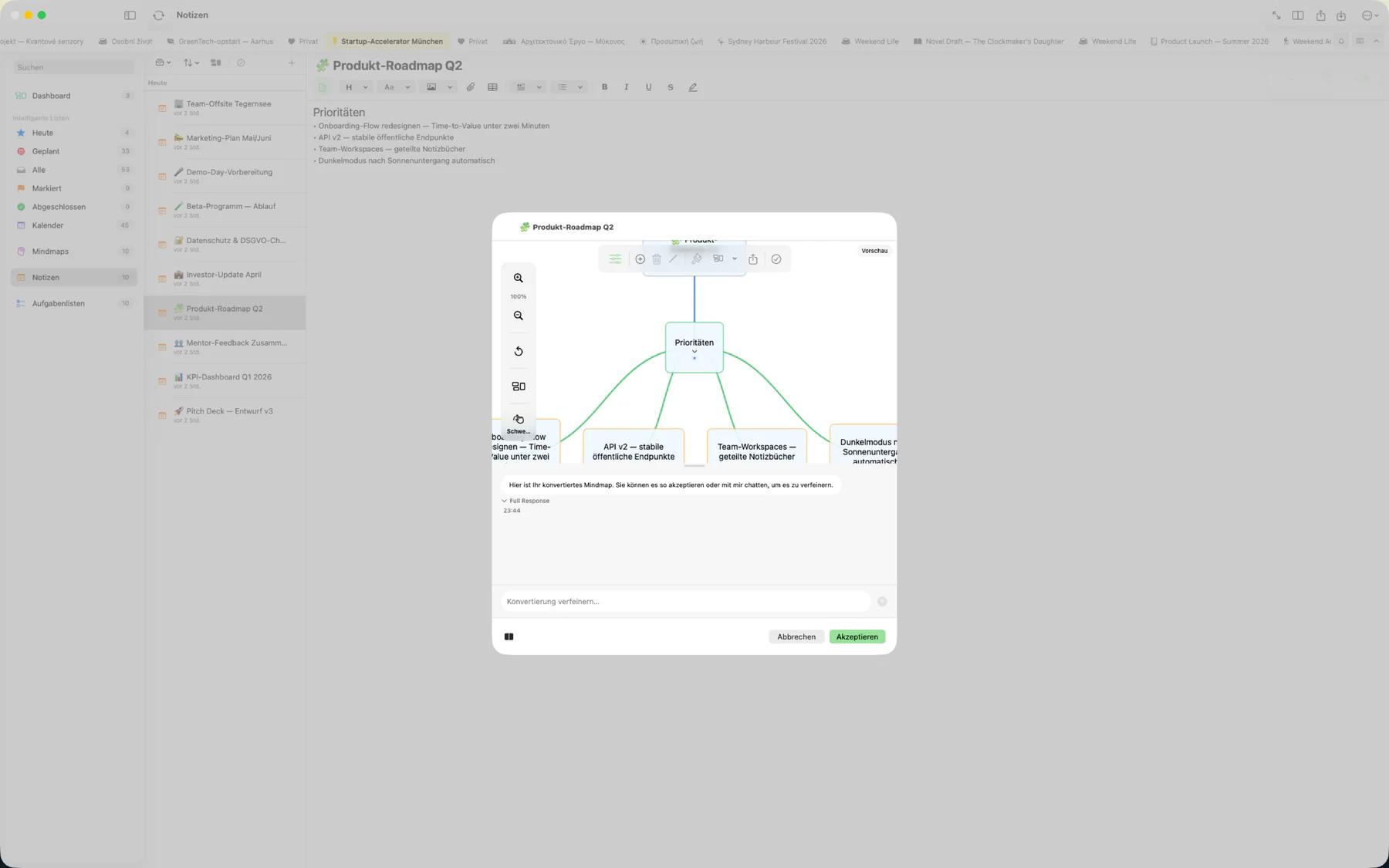 Mintofu wandelt eine Mindmap in eine strukturierte Aufgabenliste nebeneinander um