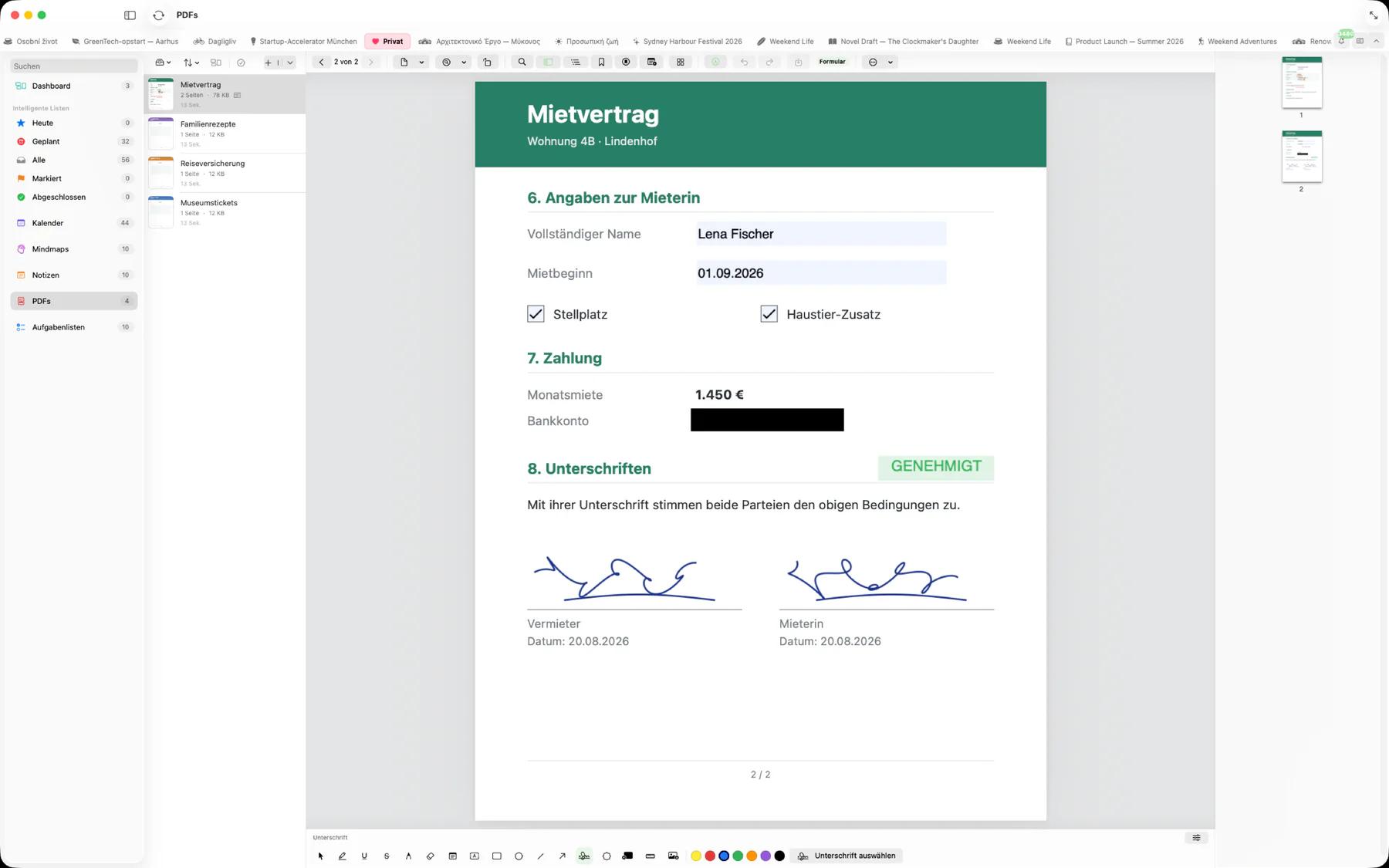 Mintofu auf dem Mac mit einem ausgefüllten PDF-Formular mit angekreuzten Kästchen, einer geschwärzten Bankverbindung, einem Genehmigt-Stempel und zwei Unterschriften