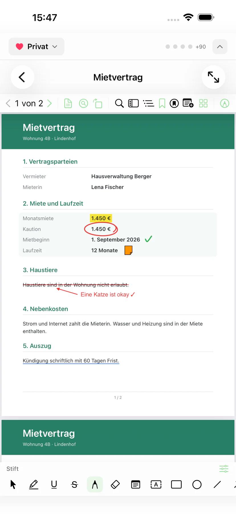 Mintofu auf dem iPhone mit einem markierten PDF und der Anmerkungsleiste