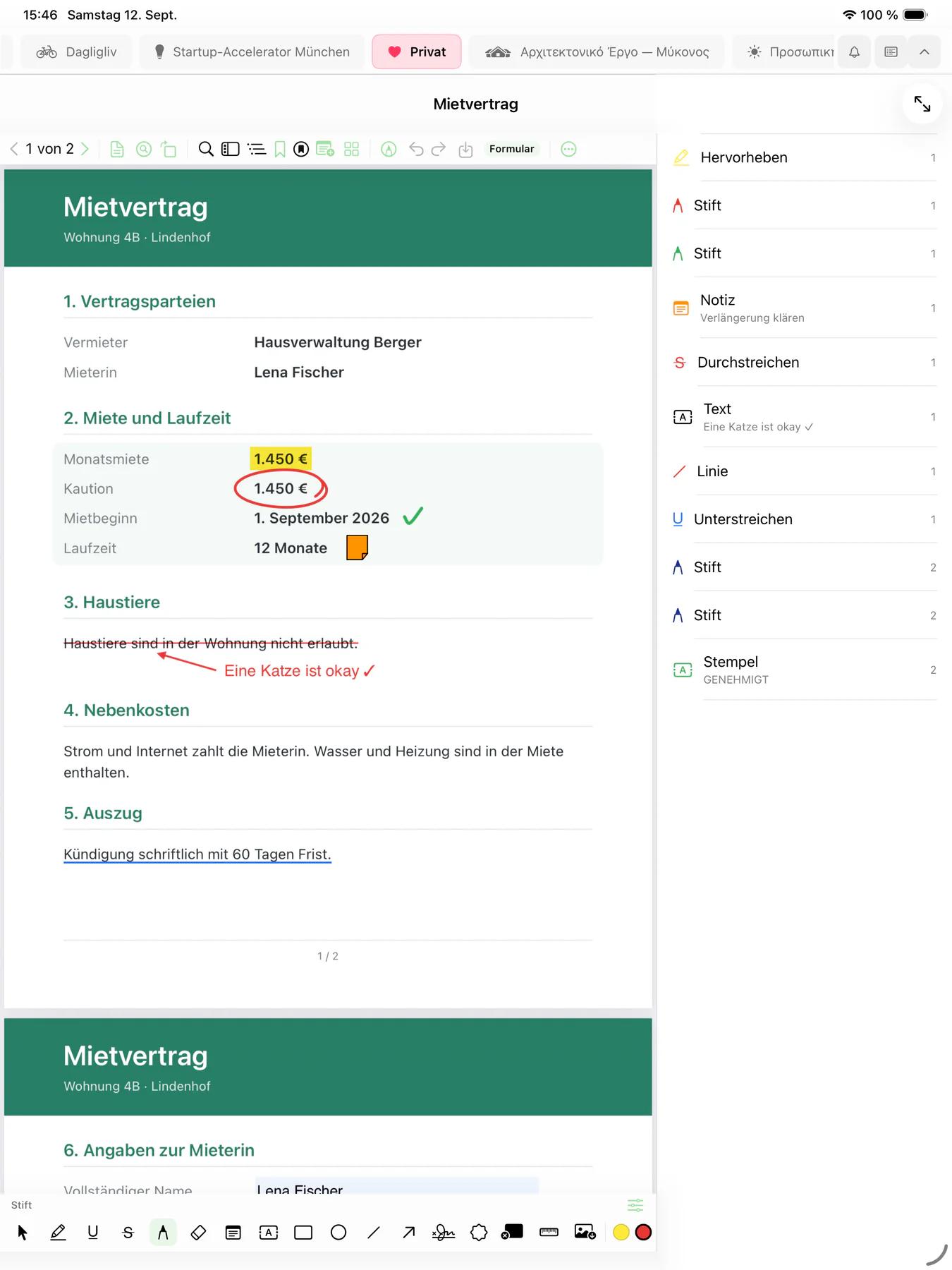 Mintofu auf dem iPad mit einem Mietvertrag als PDF, markiert mit einer Hervorhebung, einem eingekreisten Betrag, einer Durchstreichung mit Stiftnotiz und einer Haftnotiz, daneben die Liste der Anmerkungen