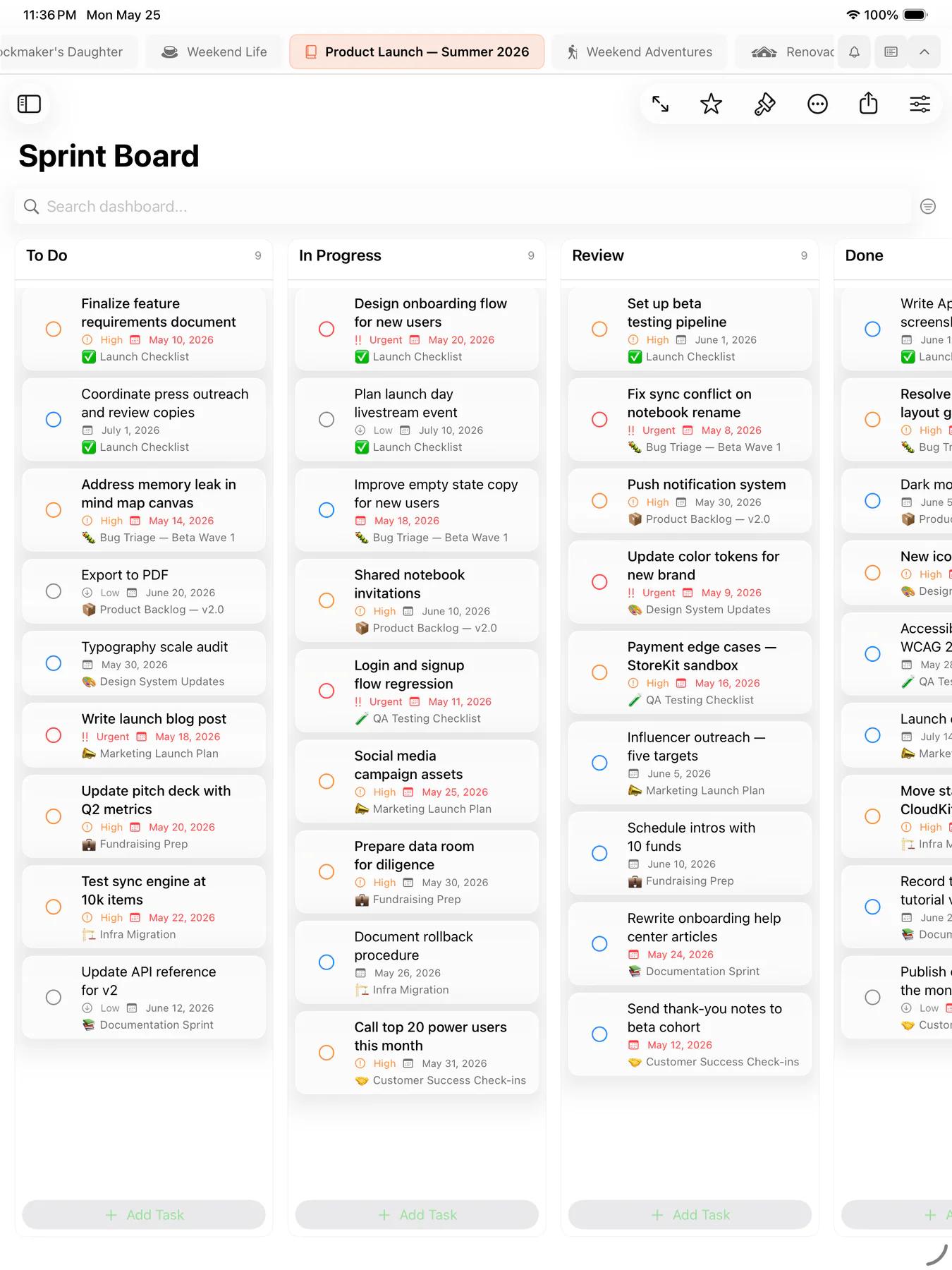 Mintofu kanban board with task cards organized in workflow columns
