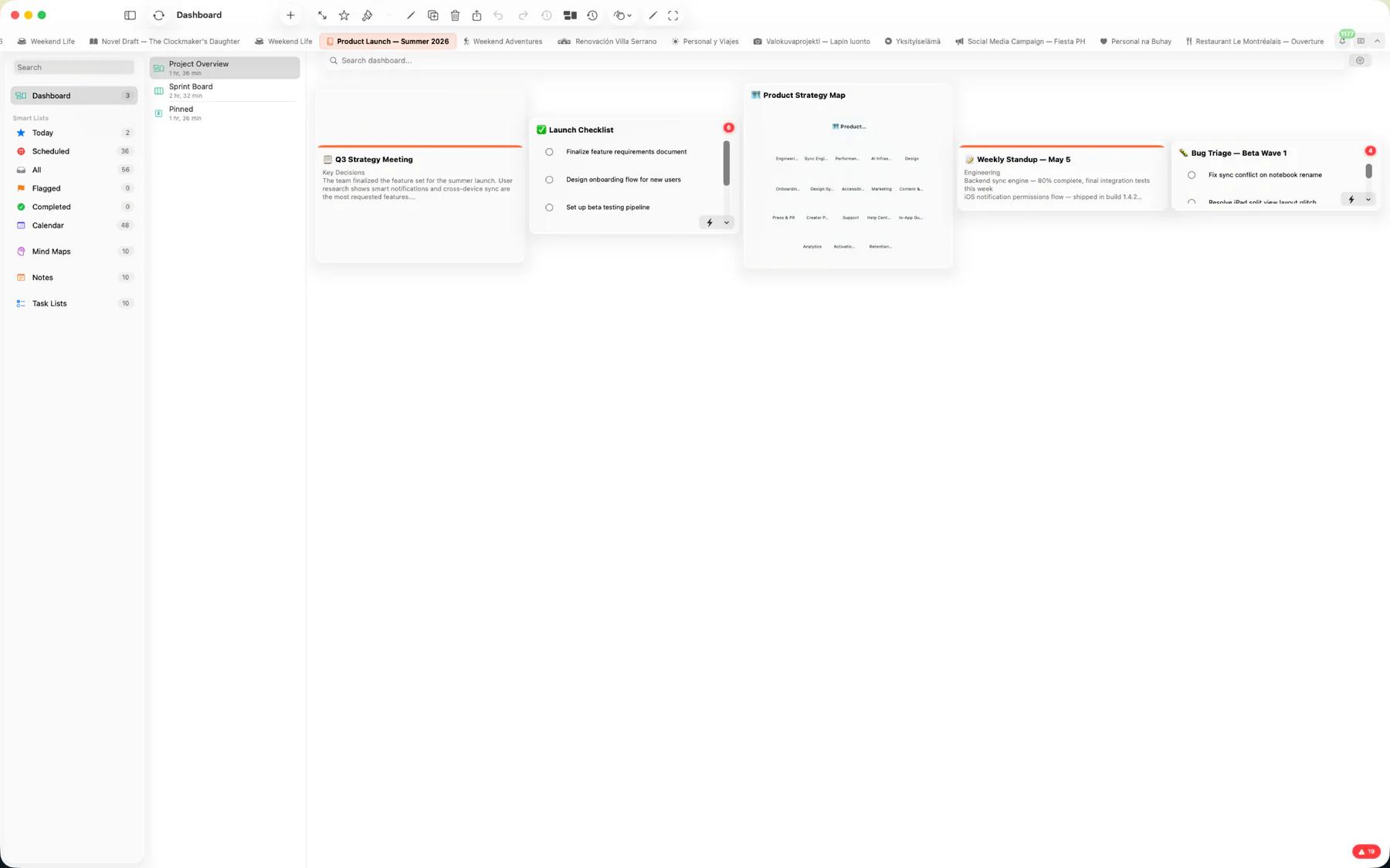 Mintofu dashboard overview with resizable note, task, and calendar widgets