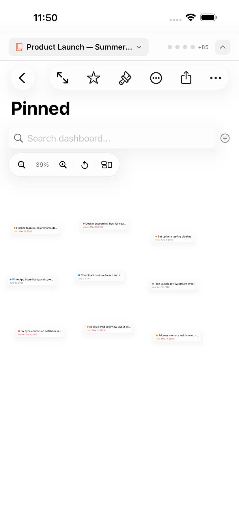 Mintofu post board with pinned and arranged tasks on a freeform canvas