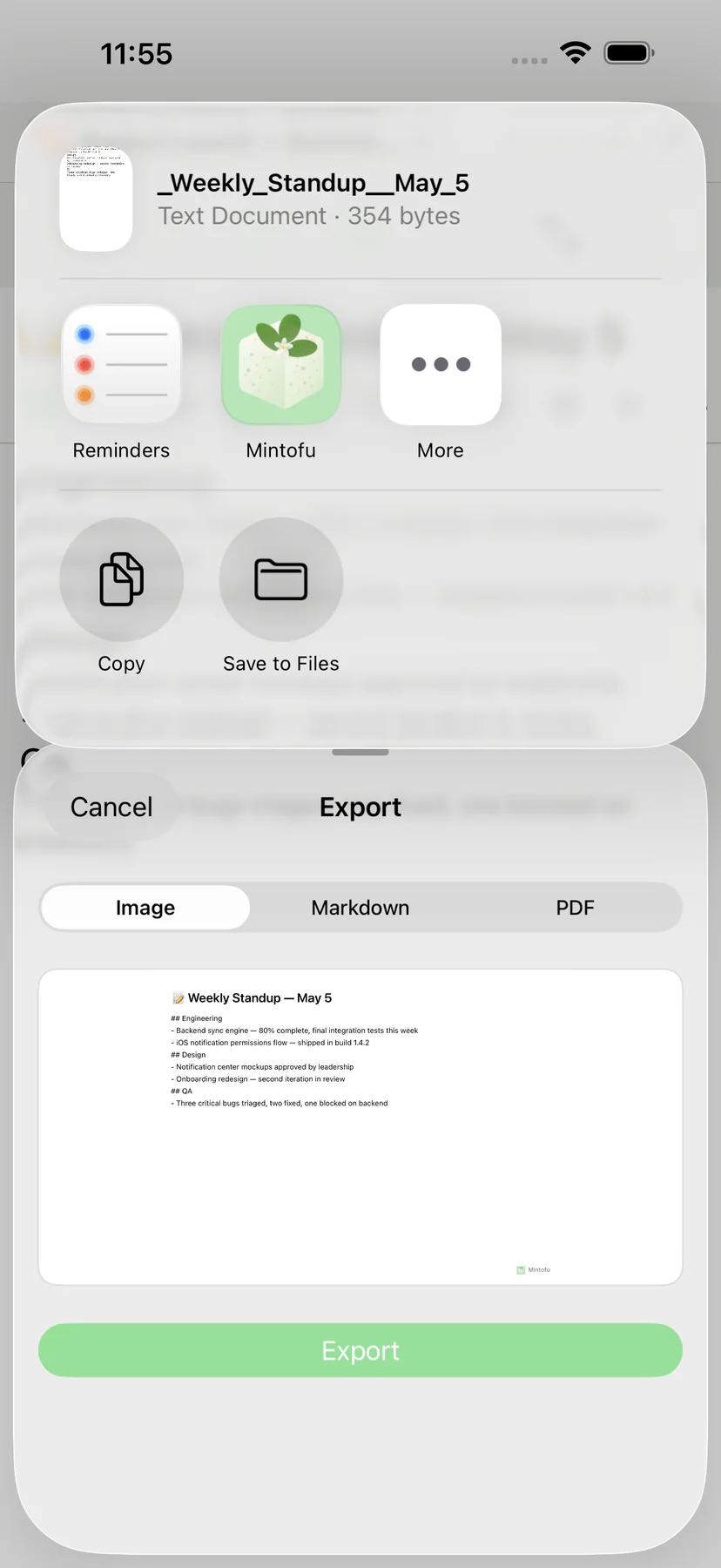 Mintofu share sheet with AirDrop, email, and Messages sharing options