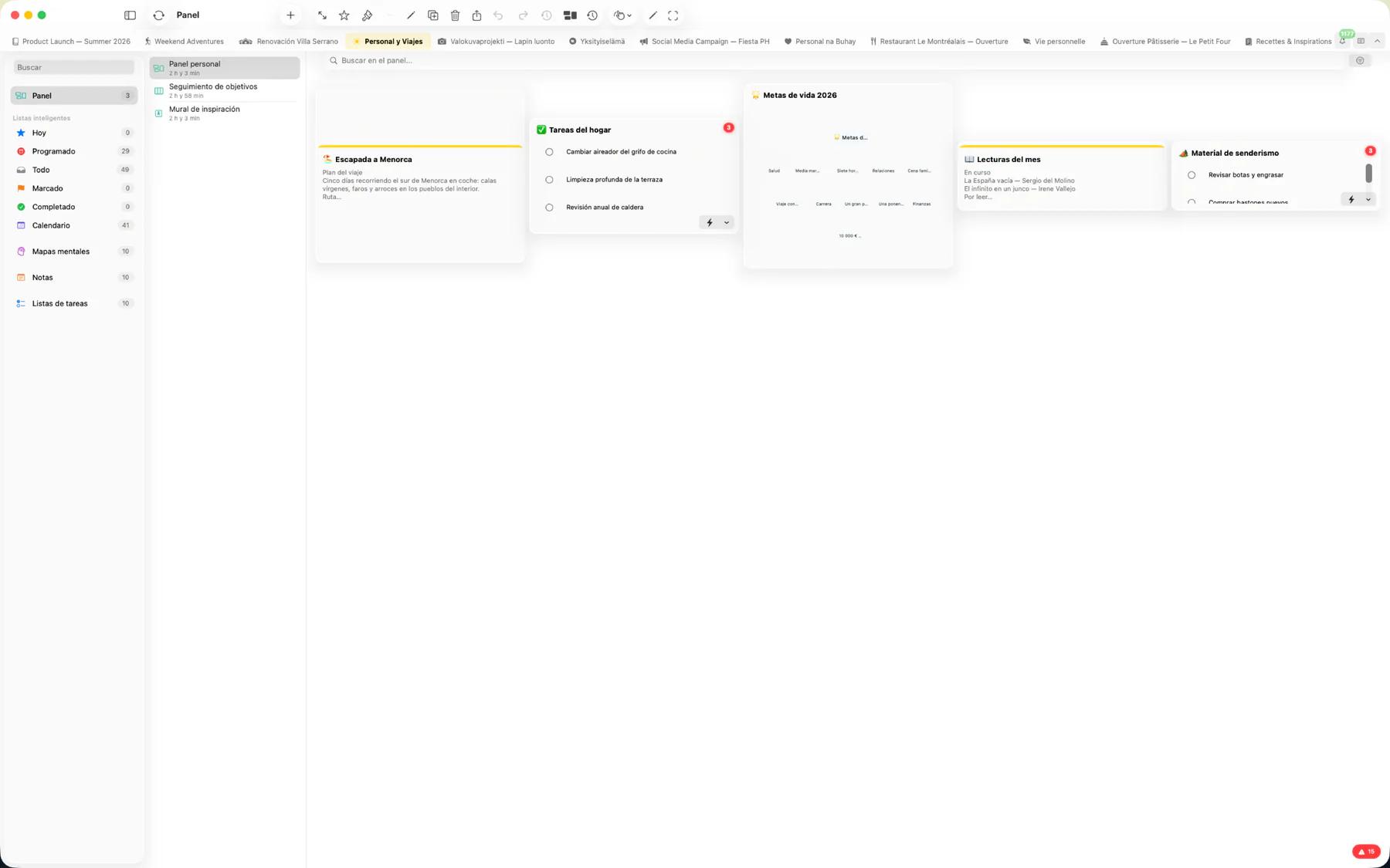 Resumen del panel de Mintofu con widgets redimensionables de notas, tareas y calendario