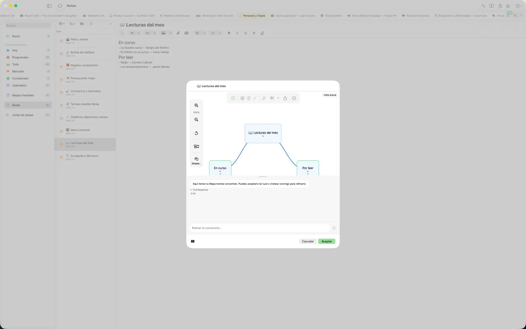 Mintofu convirtiendo un mapa mental en una lista de tareas estructurada lado a lado
