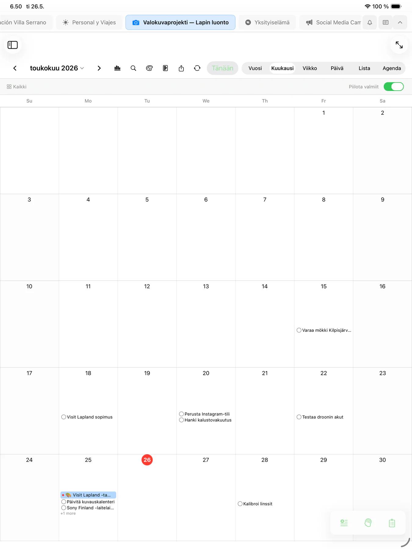 Mintofun kalenterin päivän agenda tuntilohkoin ja aikataulutetuin tehtävin
