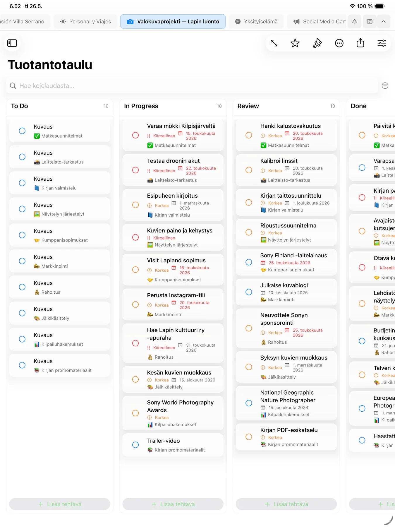 Mintofun kanban-taulu tehtäväkorteilla järjestettynä työnkulun sarakkeisiin