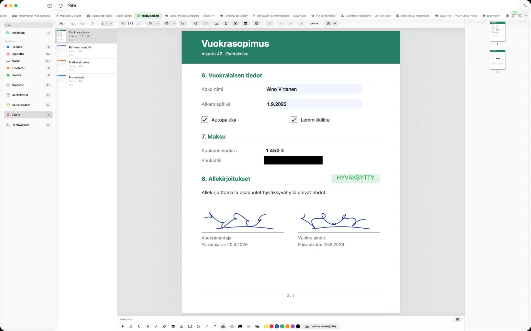 Mintofu Macilla: täytetty PDF-lomake, jossa on rastitetut ruudut, sensuroitu pankkitili, Hyväksytty-leima ja kaksi allekirjoitusta