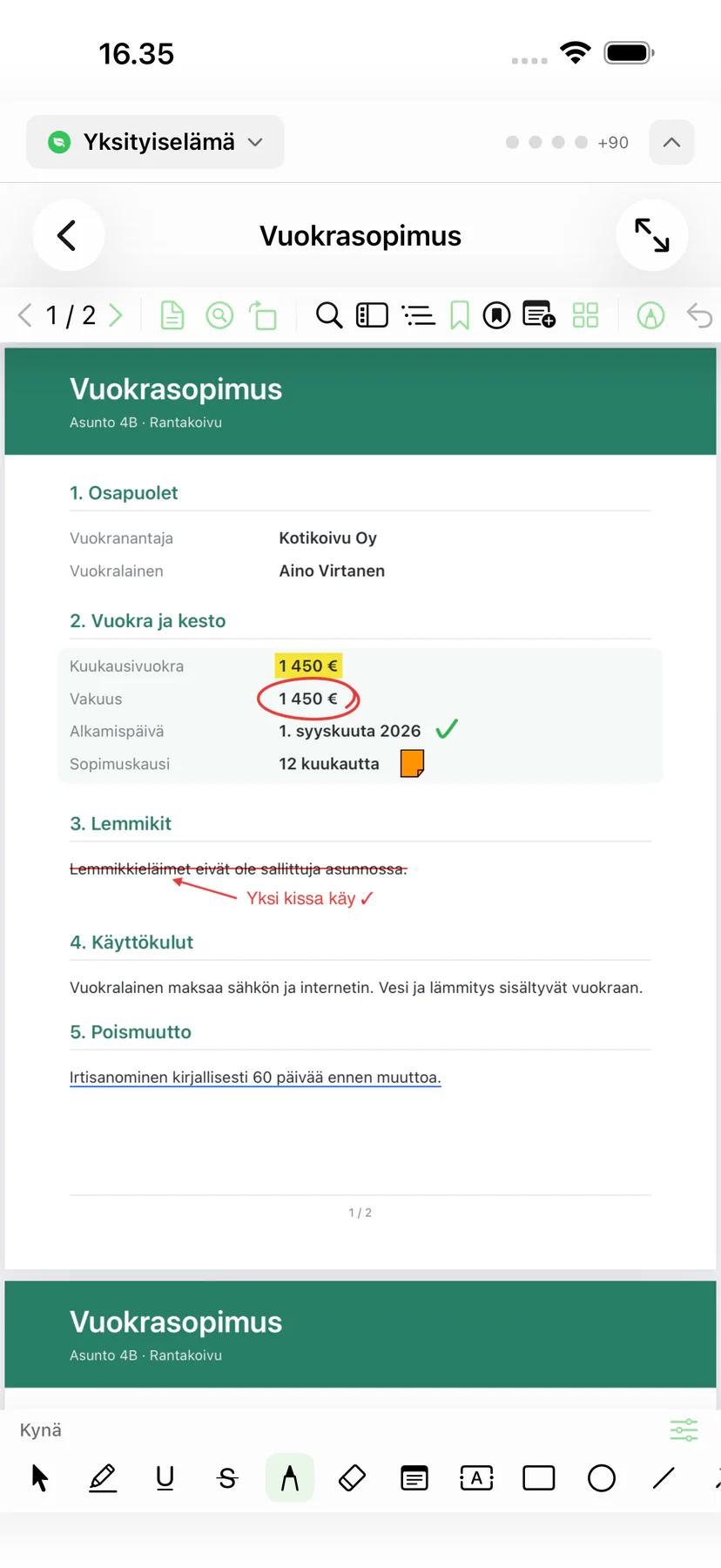 Mintofu iPhonella: PDF, johon on tehty merkintöjä, ja merkintätyökalupalkki