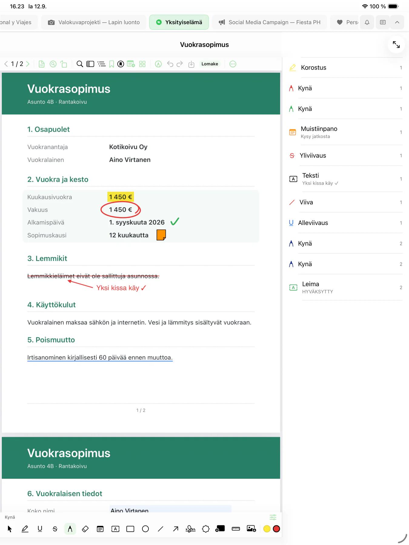 Mintofu iPadilla: vuokrasopimus-PDF, jossa on korostus, ympyröity summa, yliviivaus kynämerkinnällä ja tarralappu, ja merkintäluettelo vieressä