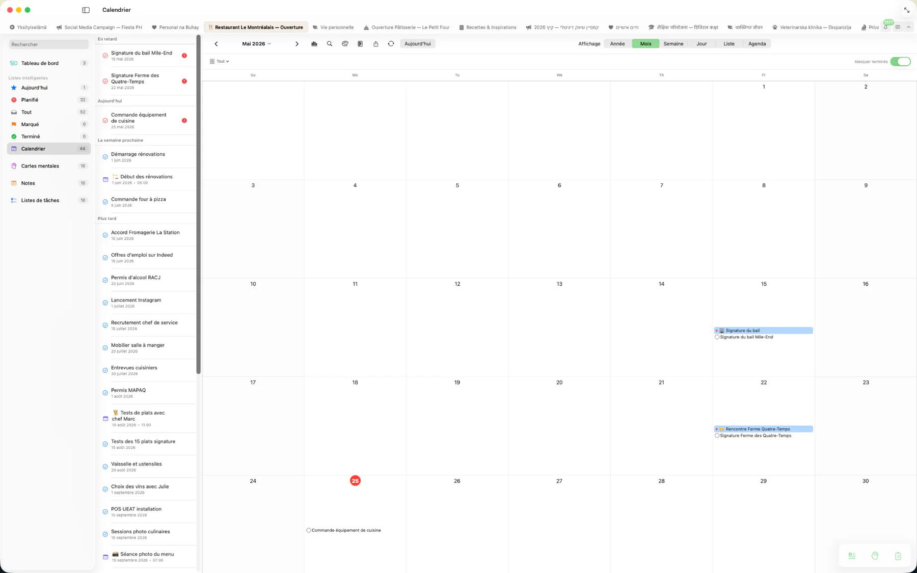 Vue mensuelle du calendrier Mintofu avec indicateurs de tâches et événements