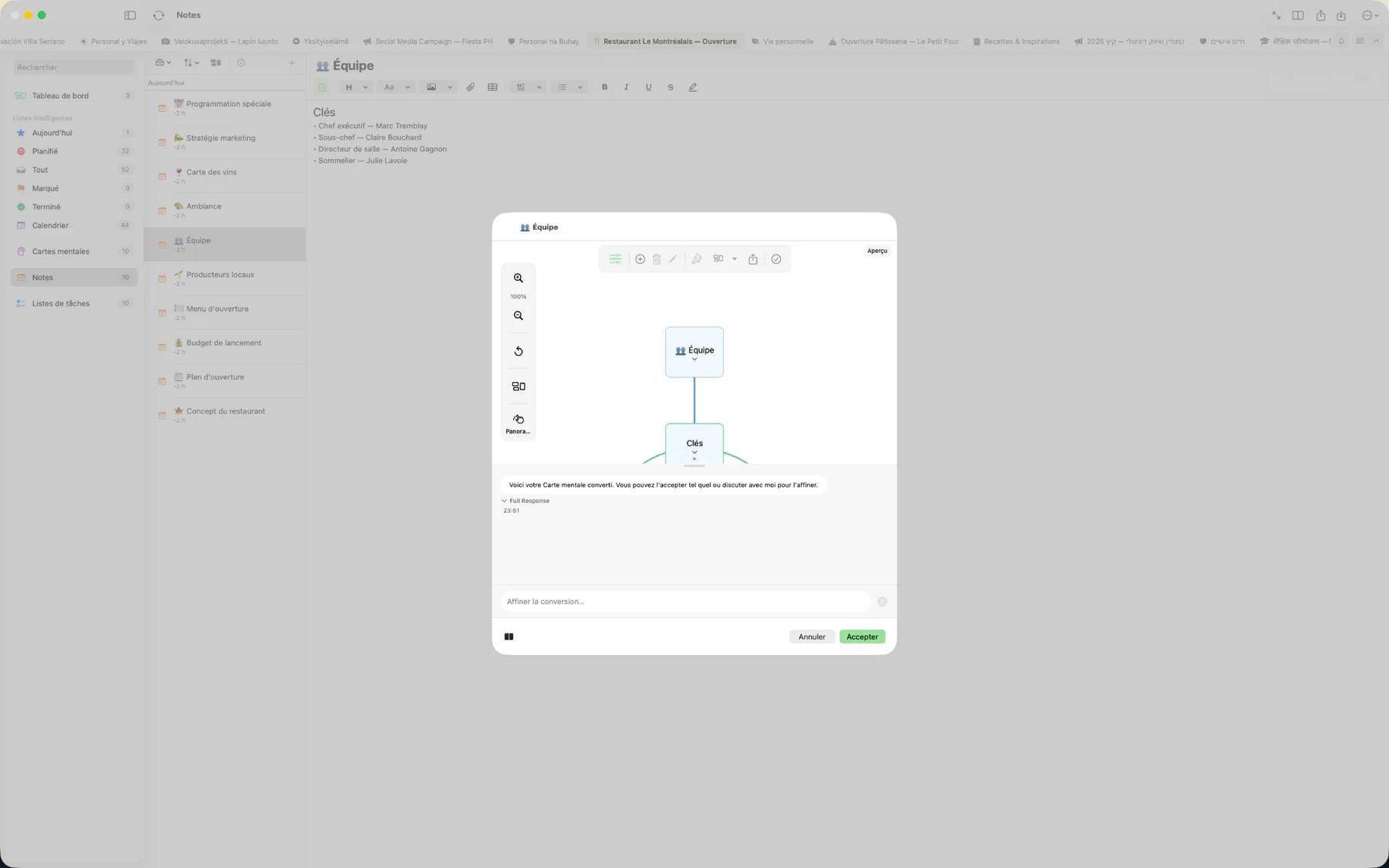 Mintofu convertissant une mind map en liste de tâches structurée côte à côte