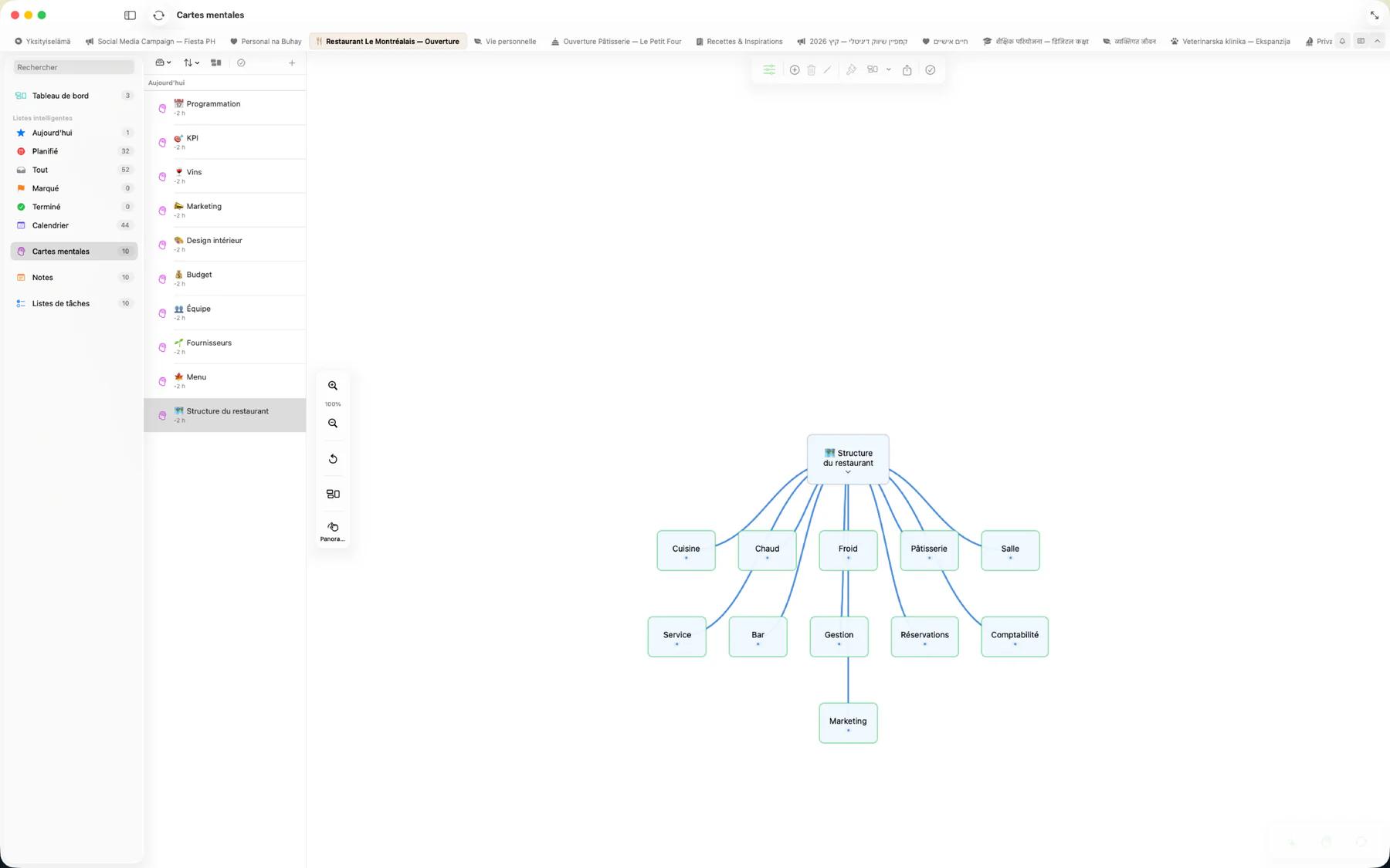 Mind map Mintofu avec hiérarchie de branches complexe sur une toile infinie