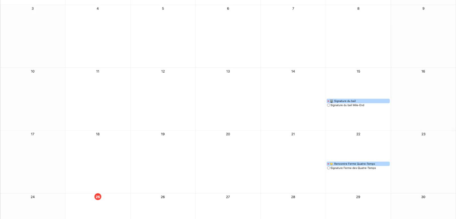 Calendrier Mintofu en vue mensuelle avec indicateurs d'événements