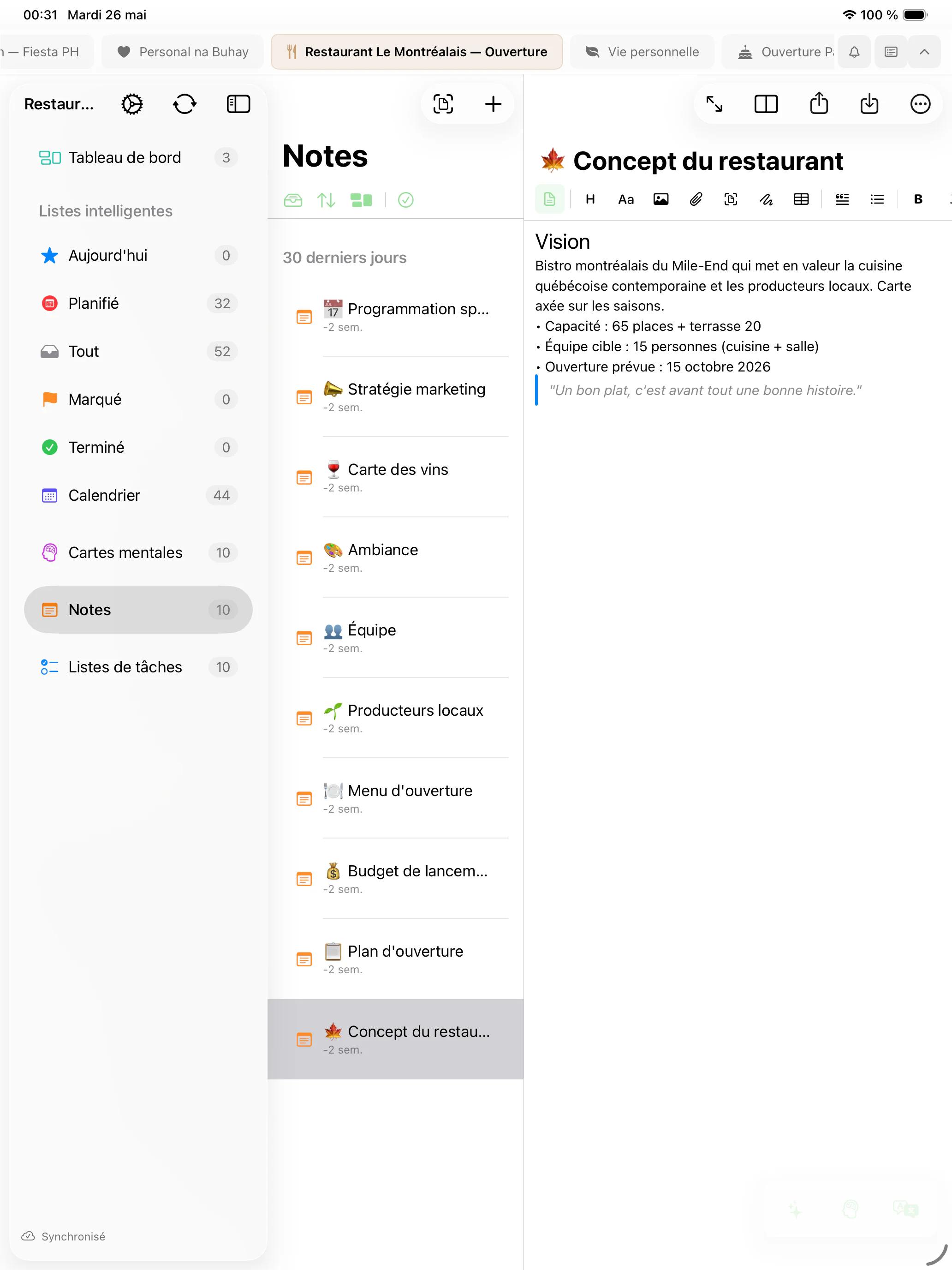 Mintofu sur Mac, iPad et iPhone — affichant l'éditeur de notes, le canevas de carte mentale et la liste de tâches avec priorités