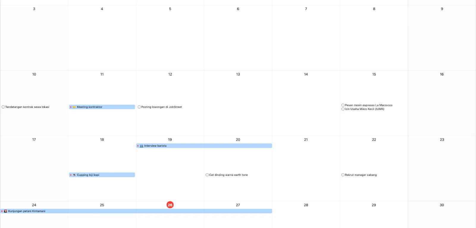 Kalender Mintofu dengan tampilan bulanan dan indikator acara