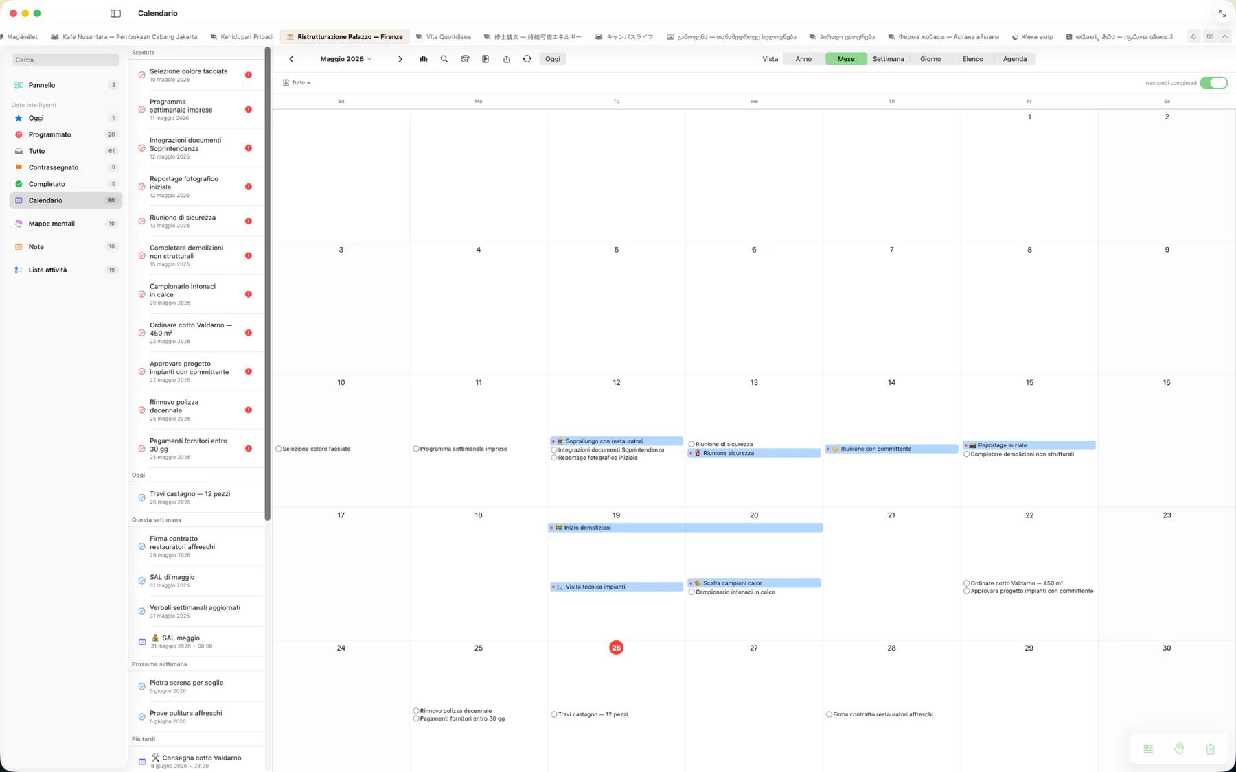 Vista mensile del calendario Mintofu con indicatori di attività ed eventi