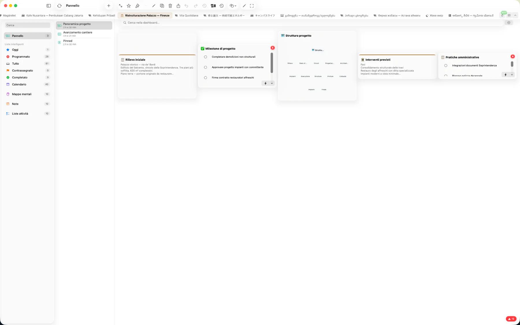 Panoramica della dashboard Mintofu con widget ridimensionabili per note, attività e calendario