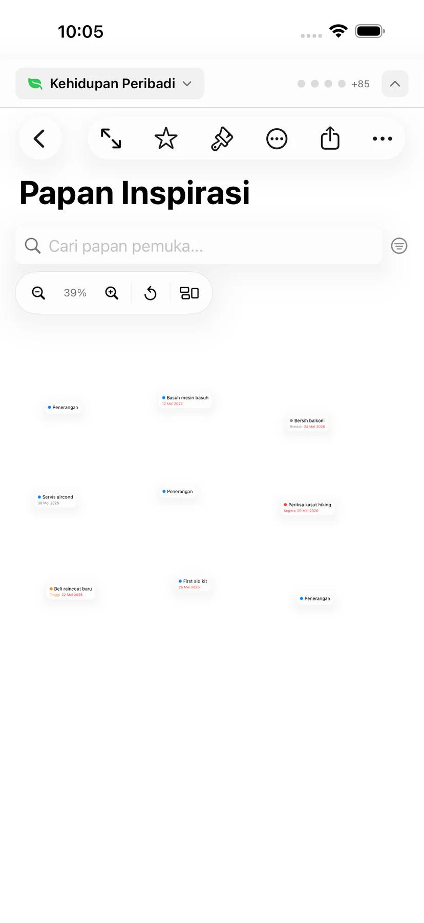 Papan post Mintofu dengan tugas yang disemat dan disusun pada kanvas bebas