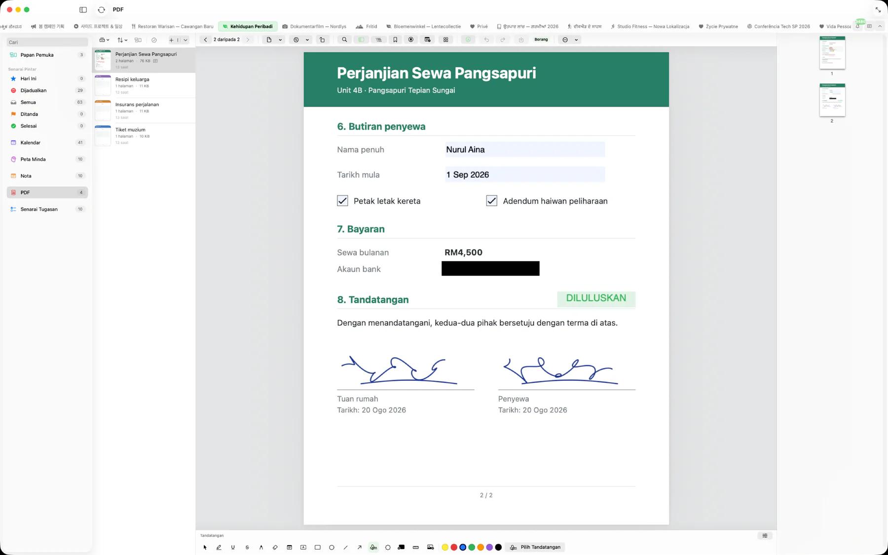 Mintofu pada Mac memaparkan borang PDF yang telah diisi dengan kotak bertanda, akaun bank yang dihitamkan, setem Diluluskan, dan dua tandatangan