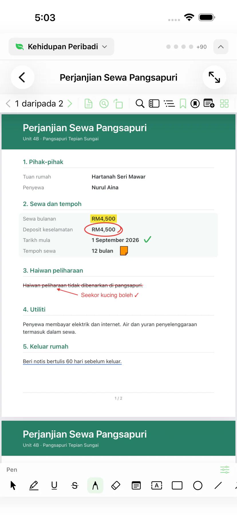 Mintofu pada iPhone memaparkan PDF yang telah ditandakan dengan bar alat anotasi
