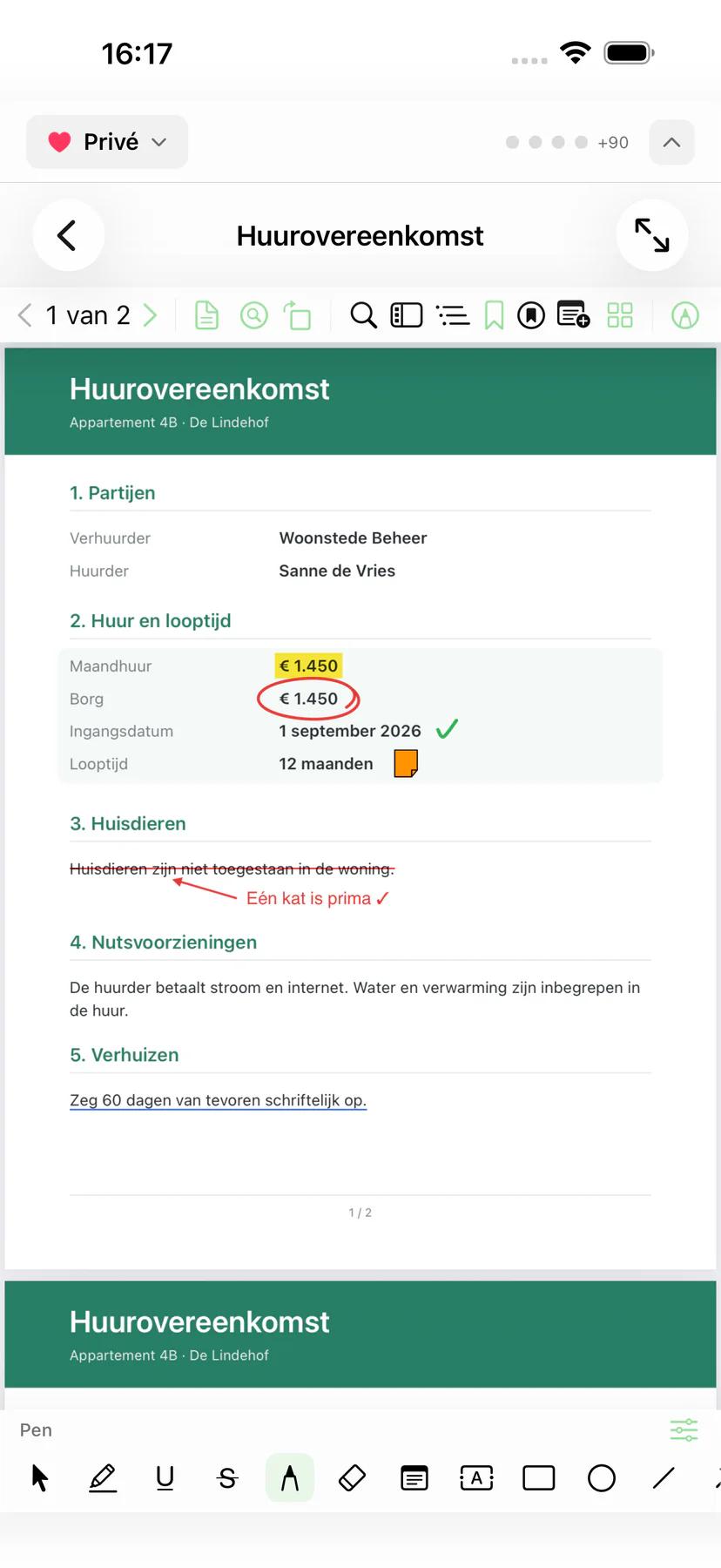 Mintofu op iPhone met een geannoteerde PDF en de annotatiewerkbalk