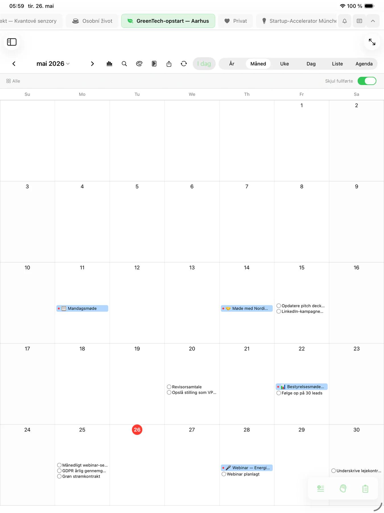 Mintofu kalender dagsprogram med timeblokker og planlagte oppgaver