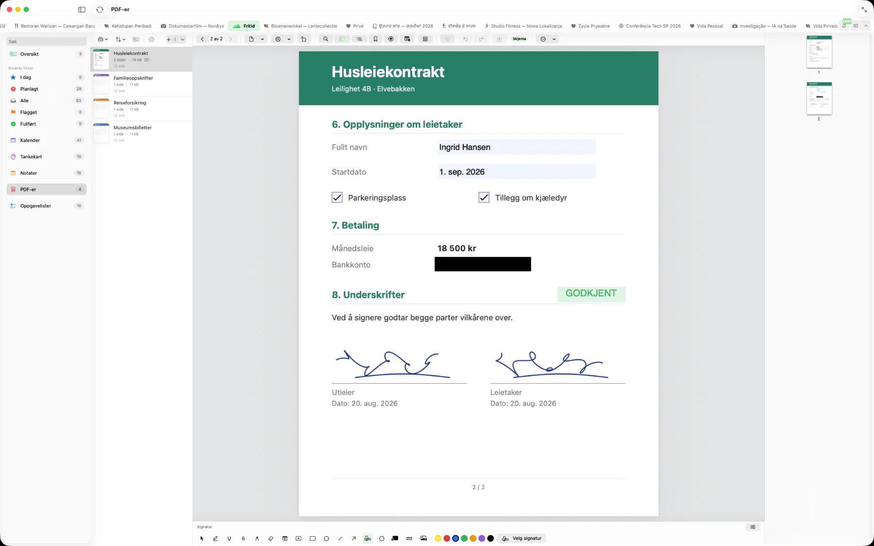 Mintofu på Mac som viser et utfylt PDF-skjema med avkryssede bokser, et sladdet bankkontonummer, et Godkjent-stempel og to signaturer