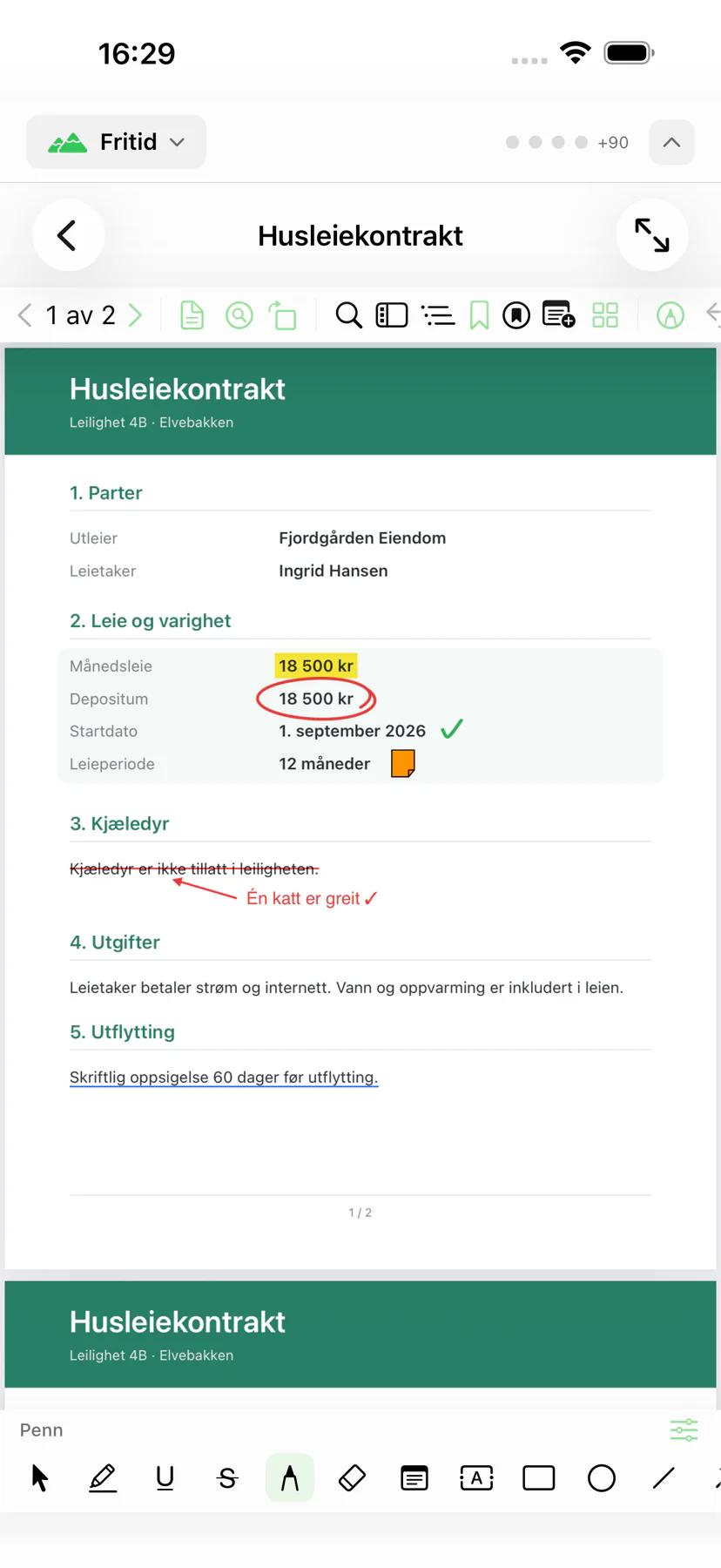 Mintofu på iPhone som viser en merket PDF med verktøylinjen for kommentarer