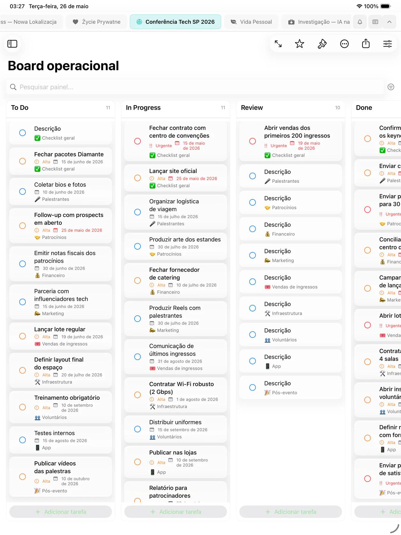 Quadro kanban do Mintofu com cartões de tarefa organizados em colunas de fluxo de trabalho