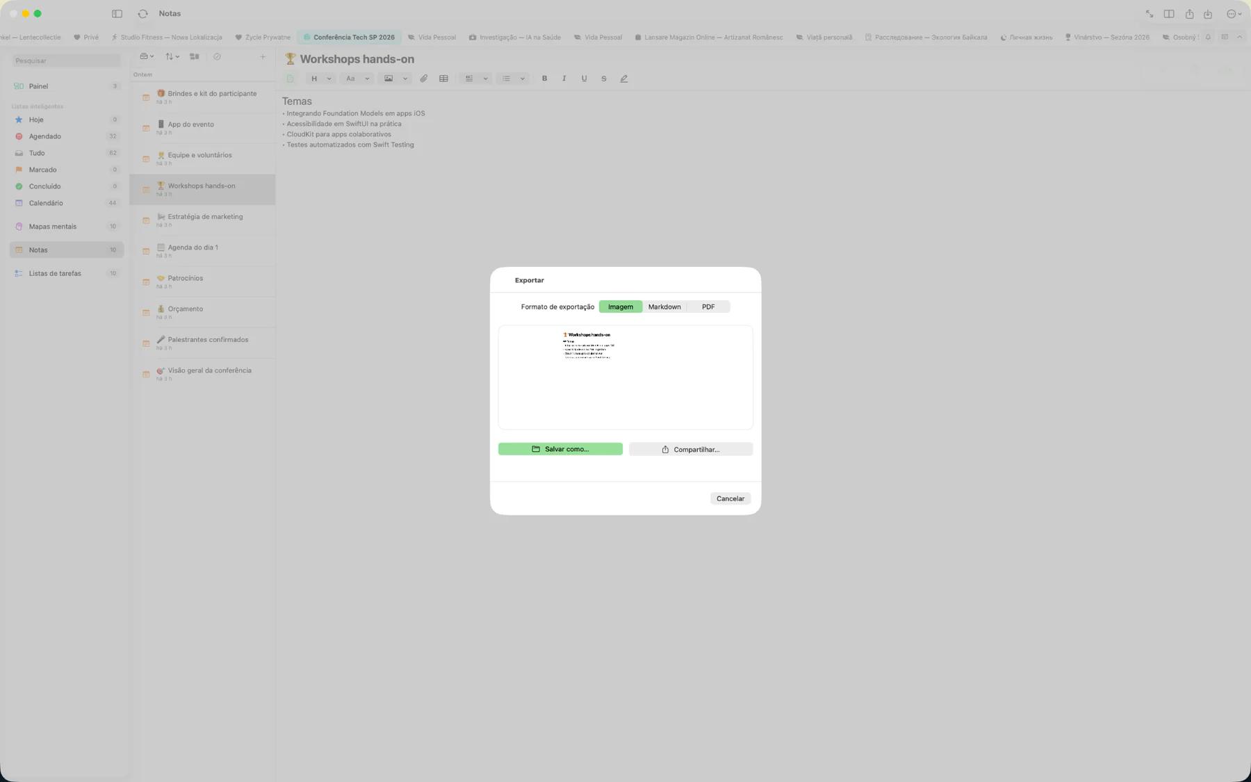 Caixa de diálogo de exportação do Mintofu mostrando opções de formato PDF, Markdown, imagem e iCalendar