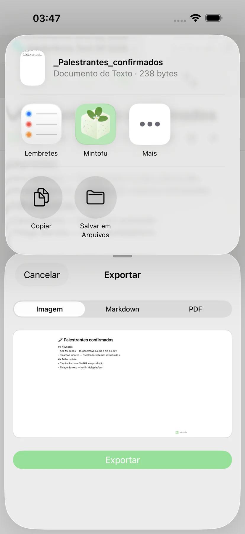 Folha de compartilhamento do Mintofu com opções de AirDrop, e-mail e Mensagens