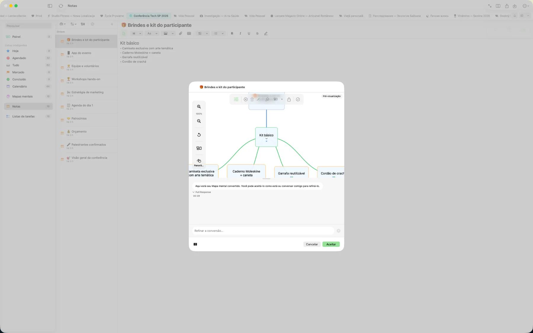 Mintofu convertendo um mapa mental em uma lista de tarefas estruturada lado a lado