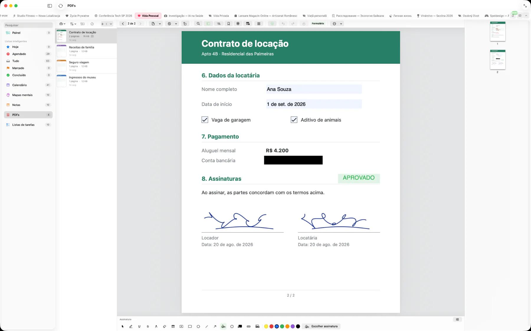 Mintofu no Mac mostrando um formulário PDF preenchido com caixas marcadas, uma conta bancária ocultada, um carimbo Aprovado e duas assinaturas