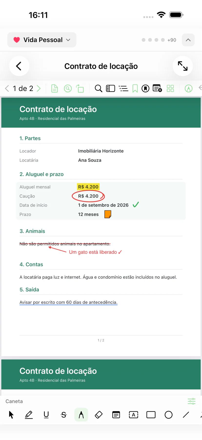 Mintofu no iPhone mostrando um PDF anotado com a barra de ferramentas de anotação