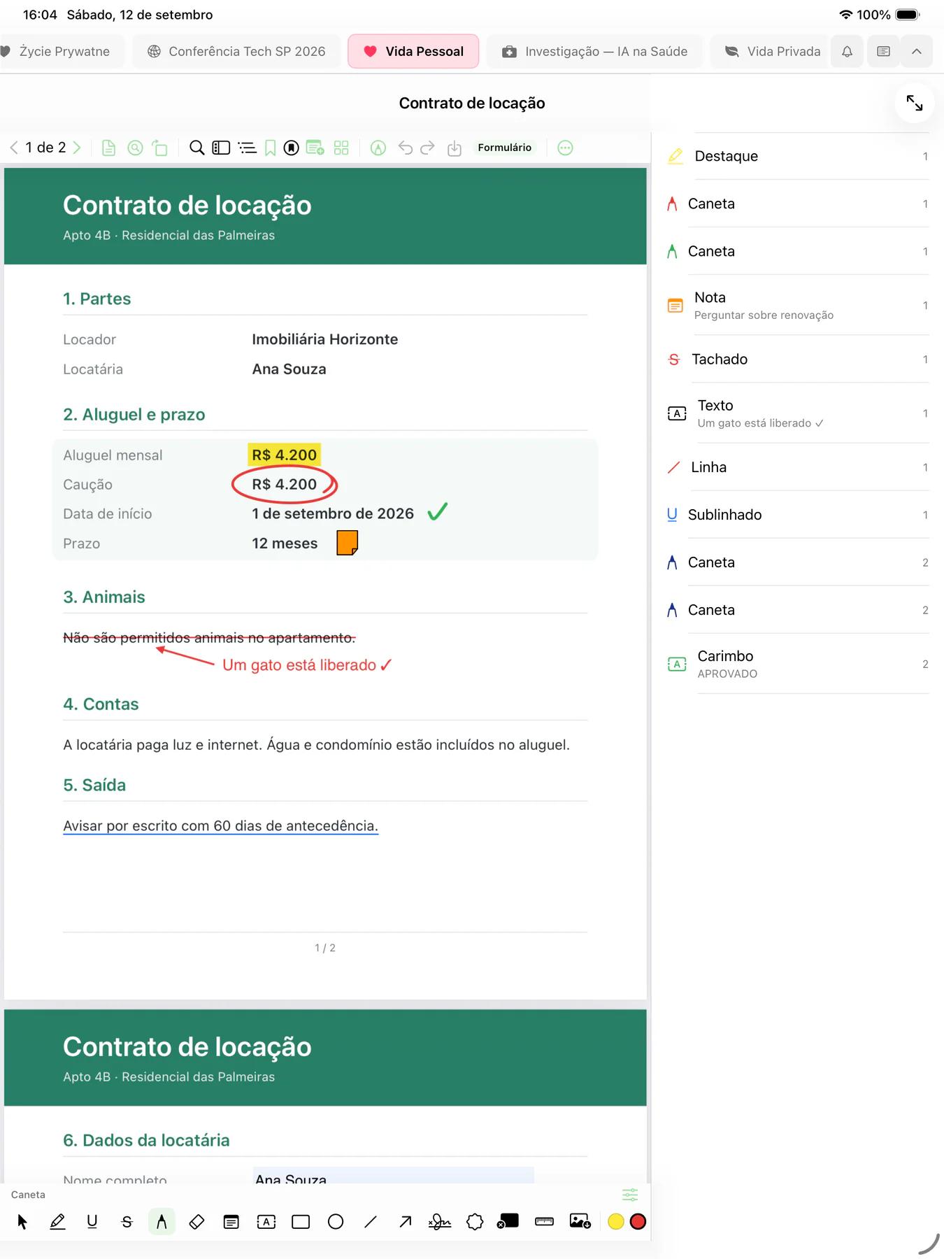 Mintofu no iPad mostrando o PDF de um contrato de aluguel anotado com um destaque, um valor circulado, um trecho tachado com anotação a caneta e uma nota adesiva, com a lista de anotações ao lado
