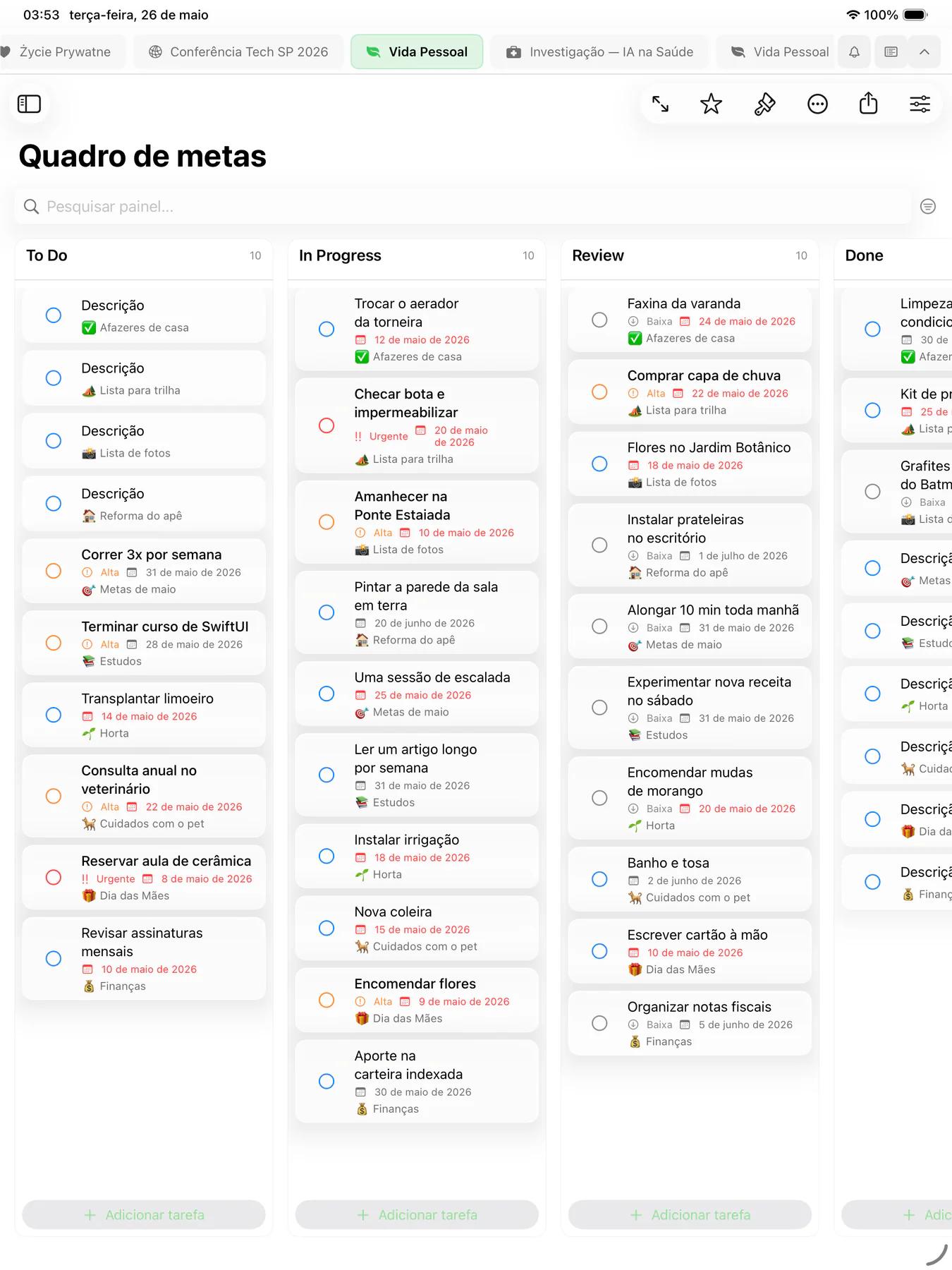Quadro kanban do Mintofu com cartões de tarefas organizados em colunas de fluxo de trabalho