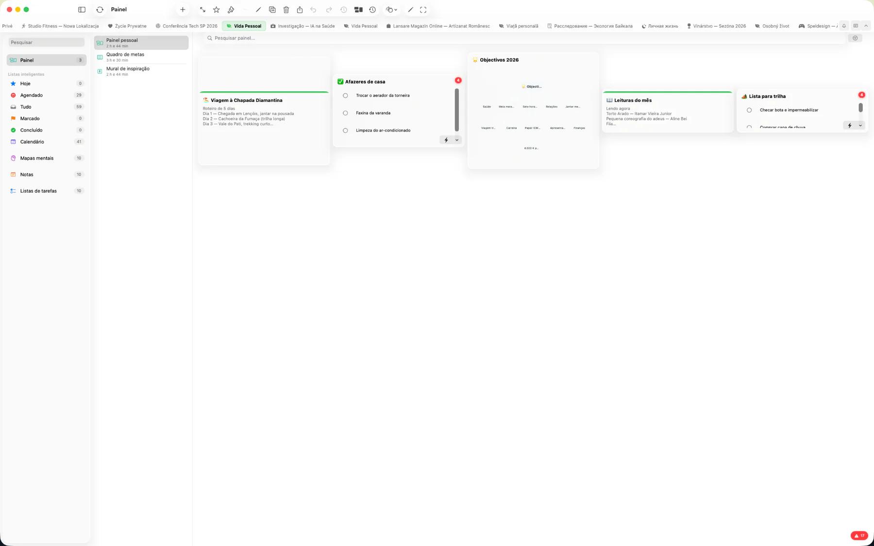 Visão geral do painel do Mintofu com widgets redimensionáveis de notas, tarefas e calendário