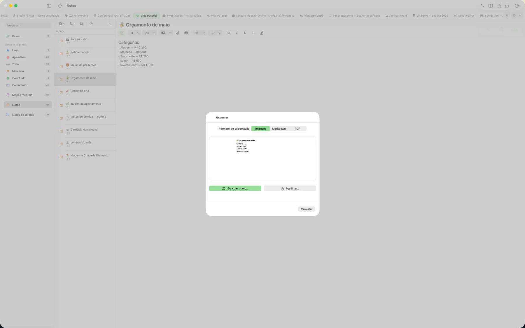 Caixa de diálogo de exportação do Mintofu a mostrar opções de formato PDF, Markdown, imagem e iCalendar
