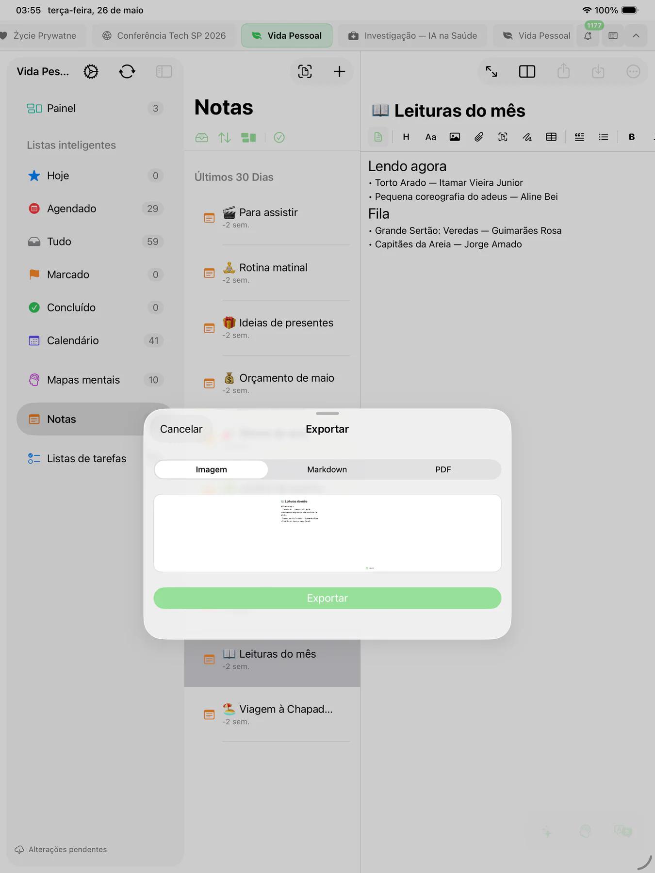 Pré-visualização de exportação em PDF do Mintofu com documento formatado pronto a partilhar