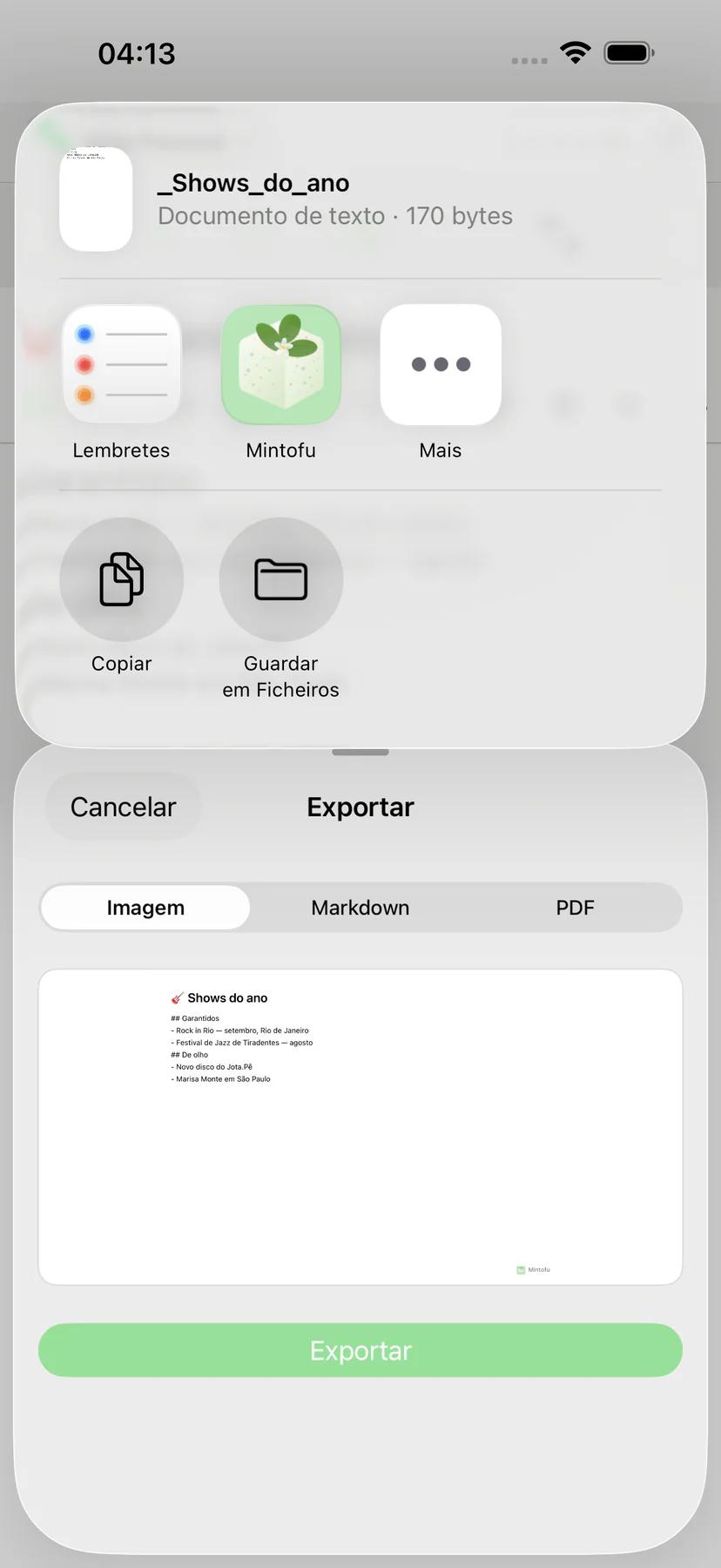 Folha de partilha do Mintofu com opções de AirDrop, e-mail e Mensagens